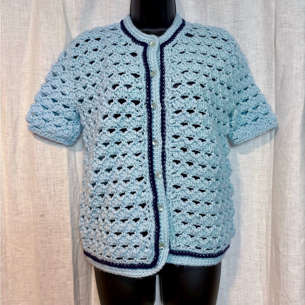 Handmade Light Blue Open Mesh Crochet Women's Sweater